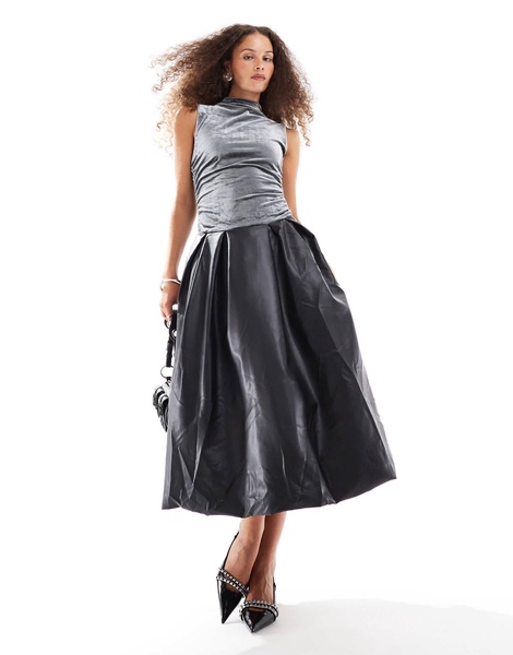 Amy Lynn Alexa PU midi dress in charcoal velvet