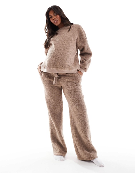 ASOS DESIGN Maternity lounge borg sweatshirt & wide leg pants set in taupe