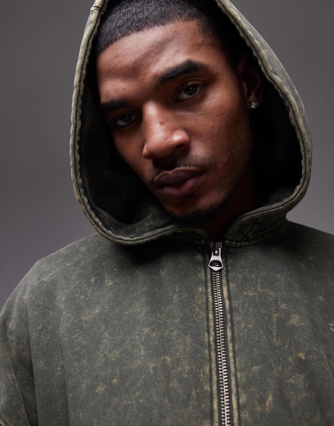 Topman premium heavyweight oversized acid wash zip through hoodie in washed khaki