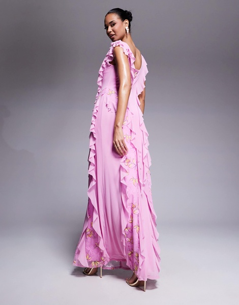 AFRM Trista mesh ruffle maxi dress with lace panels in lilac