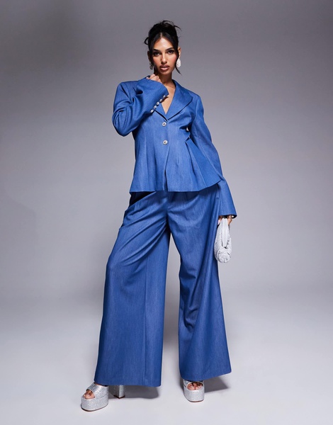 ASOS LUXE chambray wide leg tailored pants in blue - part of a set