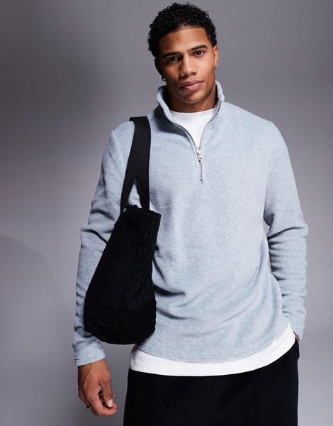 ASOS DESIGN quarter zip fleece sweatshirt in gray heather