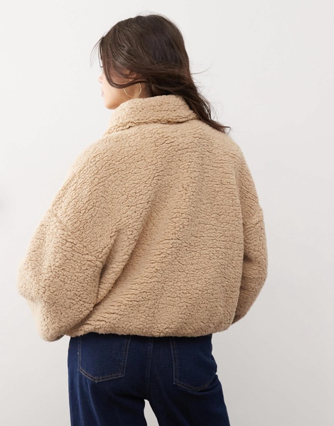 Miss Selfridge teddy zip up long sleeve top in light camel