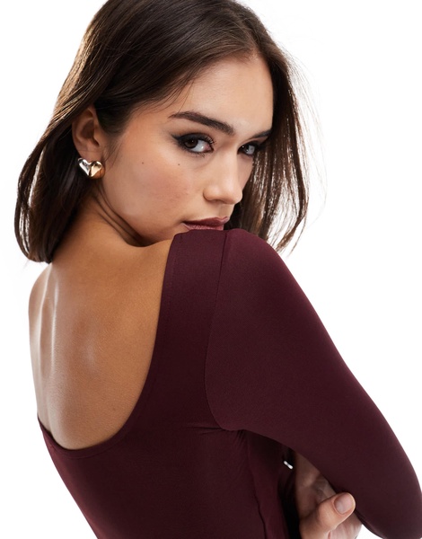 Bershka long sleeve square neck bodycon midaxi dress in burgundy