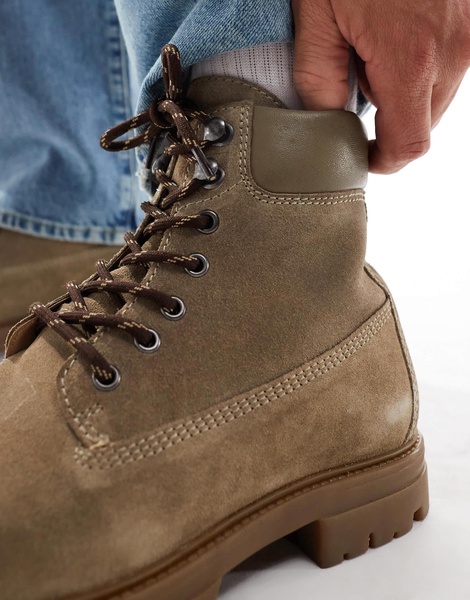 ASOS DESIGN lace-up worker boots in stone suede with gum sole