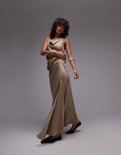 Topshop paneled seam satin wrap maxi skirt in champagne - part of a set