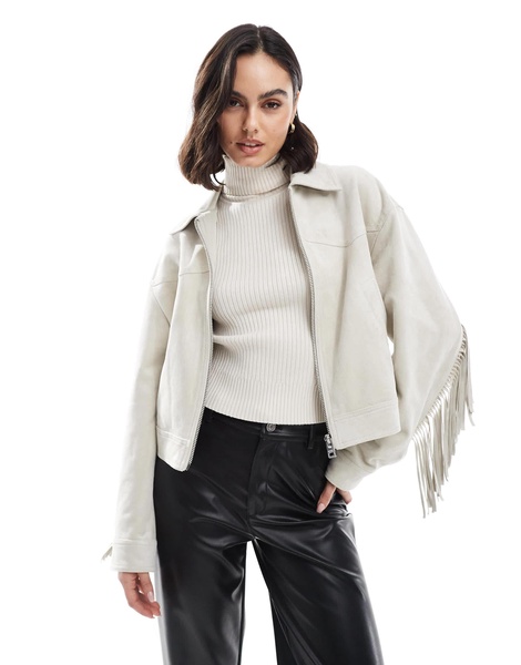 Bershka faux suede fringe detail jacket in ecru