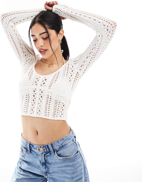 Bershka crochet v-neck top in ecru