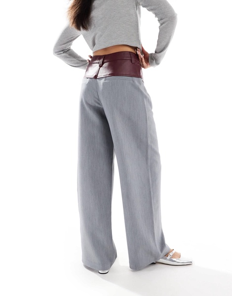 ASOS DESIGN tailored pants with faux leather contrast panel in gray