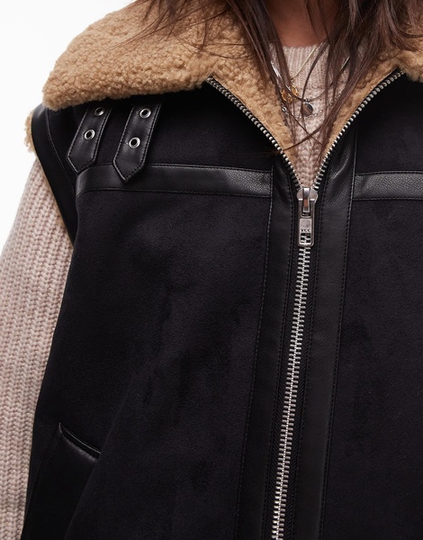Topshop suede shearling vest in black