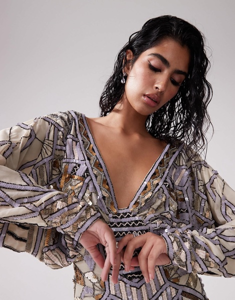 ASOS DESIGN embellished batwing mini dress in stone