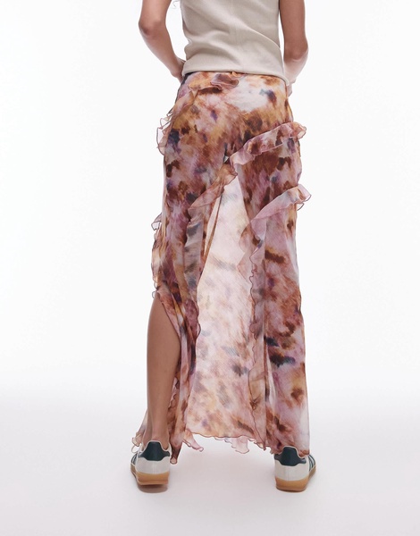 Topshop Ruffle Sheer Maxi Skirt in splodge tie dye