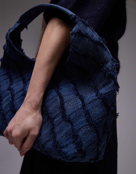 & Other Stories small denim tote bag with fringe in midwash blue