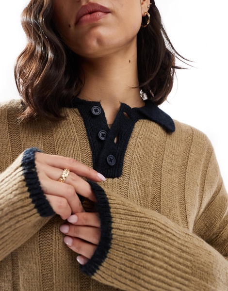 ASOS DESIGN chunky knit polo shirt in wide rib in mocha