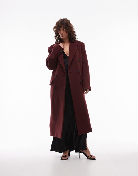 ARKET wool blend double breasted maxi coat in dark burgundy