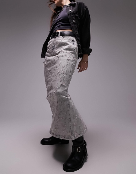 Topshop midi skirt with extreme rips in gray