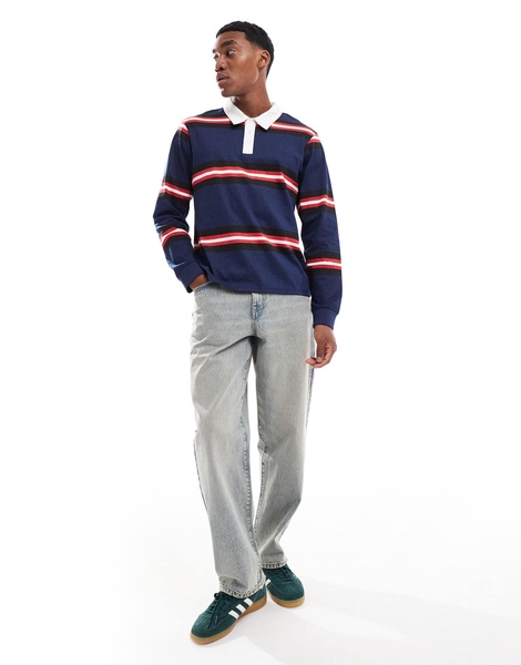 Another Influence striped long sleeve polo shirt in navy