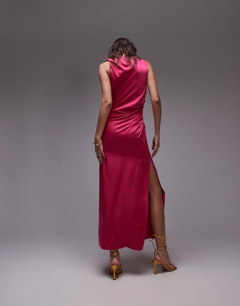 Topshop knot shoulder pintuck waist satin midi dress in pink