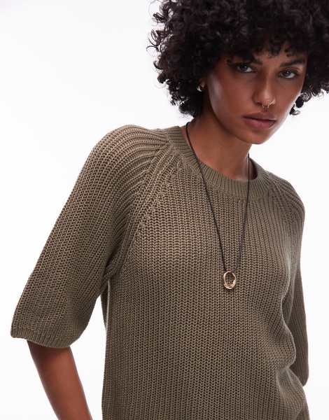 ARKET open knit short sleeve sweater in khaki