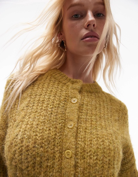 Topshop knit cropped fluffy cable cardigan in green