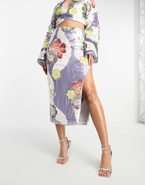 ASOS DESIGN sequin floral embellished midi skirt with slit in lilac - part of a set