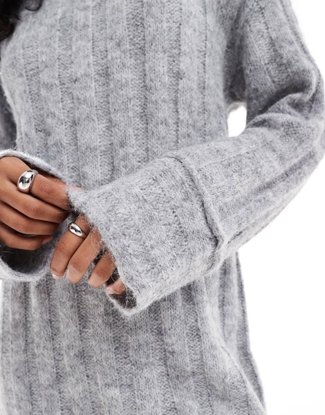 Pieces knitted mini dress with wide sleeves in medium gray melange
