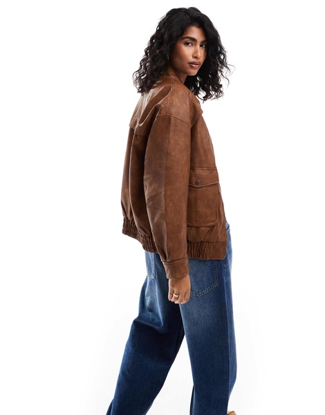 Bershka faux leather oversized bomber jacket in tobacco