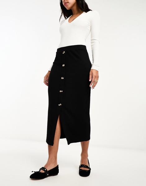 ASOS DESIGN ribbed midi skirt with horn buttons in black