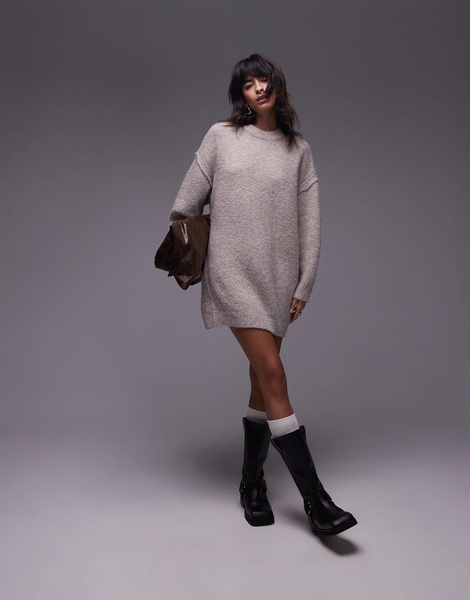 Topshop knitted oversized crew mini dress with exposed seam detail in oat