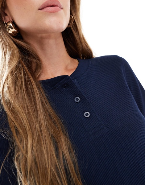 ASOS DESIGN long sleeve henley t-shirt in waffle in navy