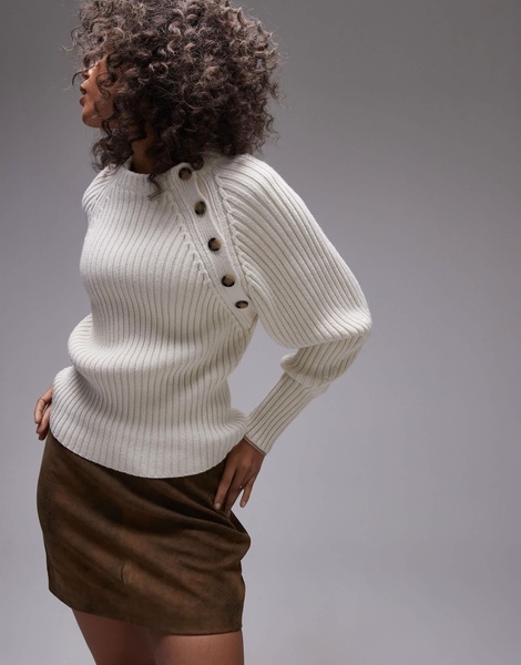 ARKET pure wool knit sweater with button shoulder detail in off-white