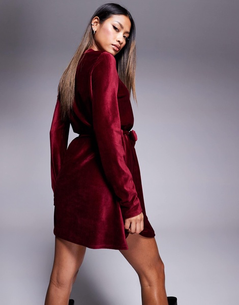 ASOS DESIGN velvet swing belted mini dress in burgundy