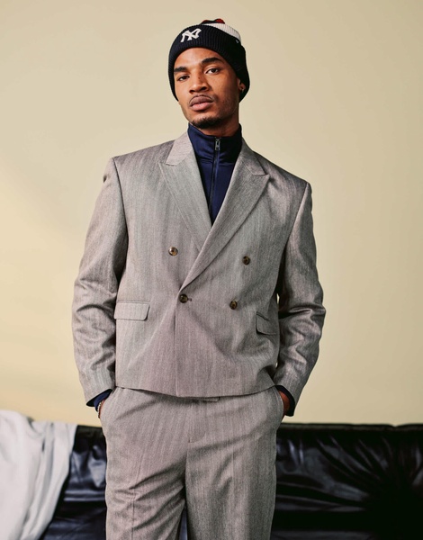 ASOS DESIGN boxy cropped suit jacket in stone textured herringbone