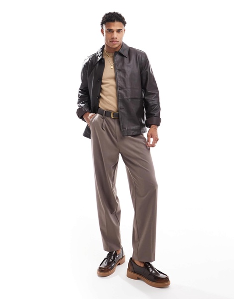 ASOS DESIGN Premium real leather harrington jacket in brown