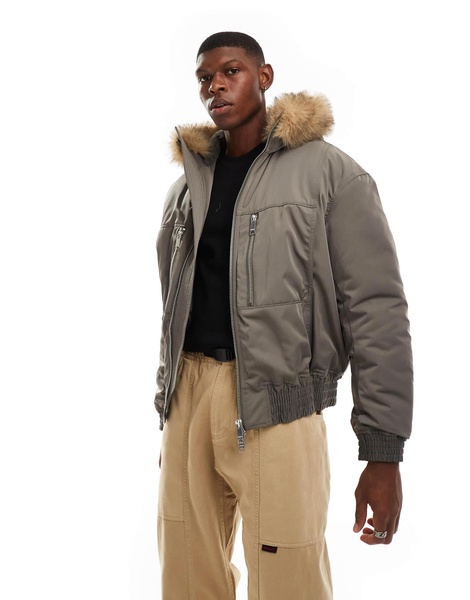 Weekday padded bomber jacket with faux fur hood in khaki