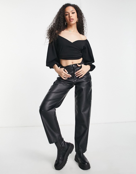 ASOS DESIGN volume sleeve off shoulder wrap tie blouse in black