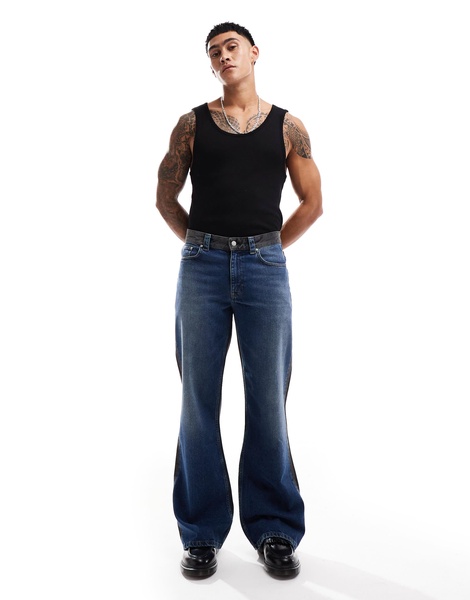 ASOS DESIGN wide flare jeans with contrast seam detail in midwash blue