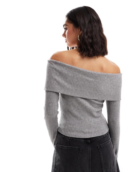 Brave Soul long sleeve off shoulder zip front sweater in gray