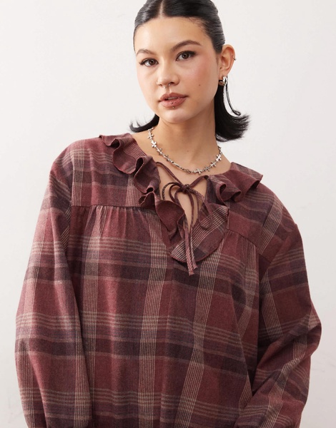 Reclaimed Vintage midi smock dress with tie front ruffle detail in burgundy plaid