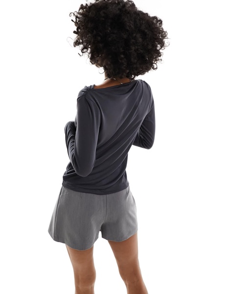 Monki super soft long sleeve boat neck top in charcoal black
