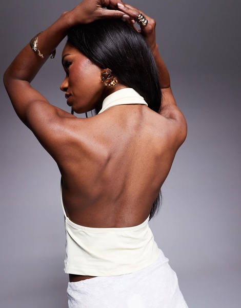 ASOS DESIGN super plunge back high neck cowl halter top in lemon