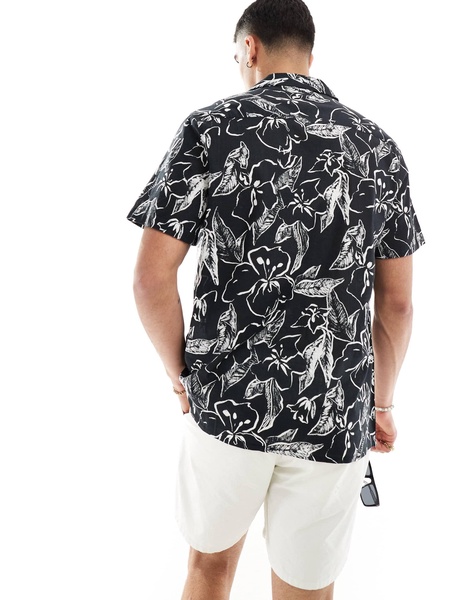ASOS DESIGN relaxed revere linen look shirt with floral print in black