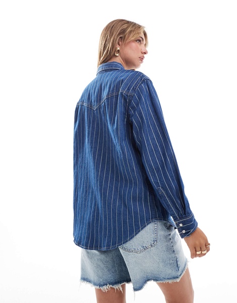 Levi's Teodora shine foil stripe western shirt in mid blue