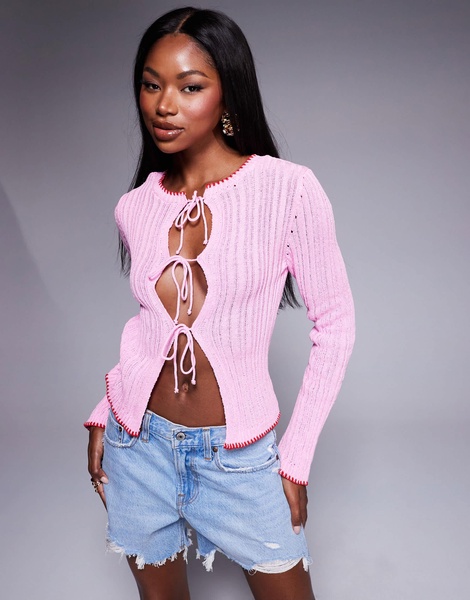 ASOS DESIGN knit tie front cardigan with red tipping detail in pink
