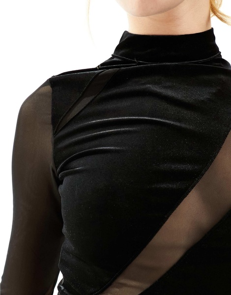 Bershka mesh and velvet long sleeve top in black