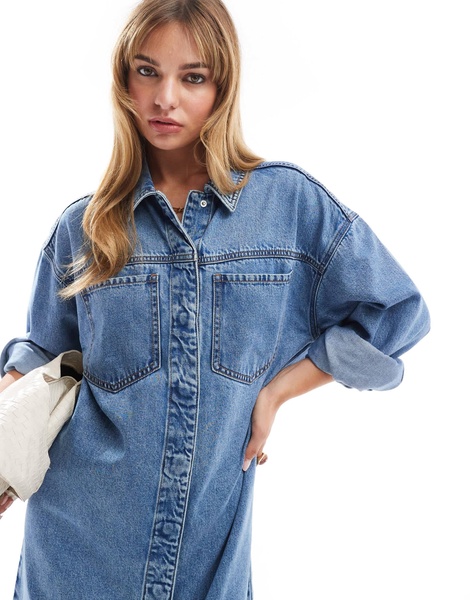 ASOS DESIGN denim maxi shirt dress in mid wash blue