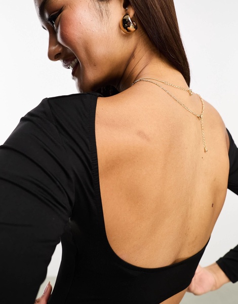Bershka slinky slash neck low back long sleeve top in black