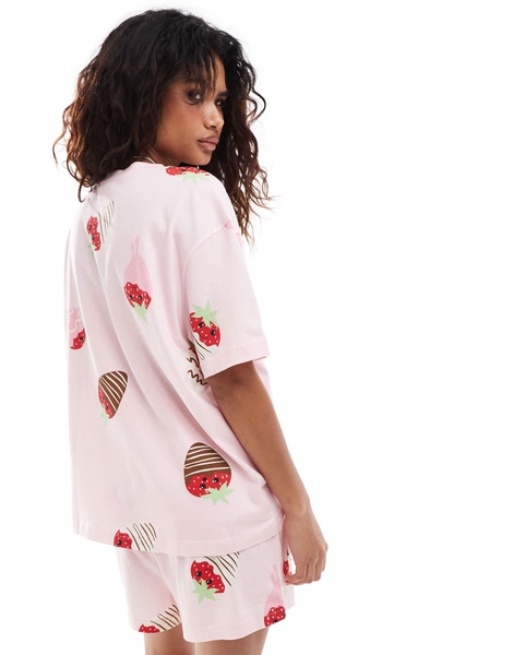 ASOS DESIGN chocolate strawberry oversized tee & shorts pajama set in pink