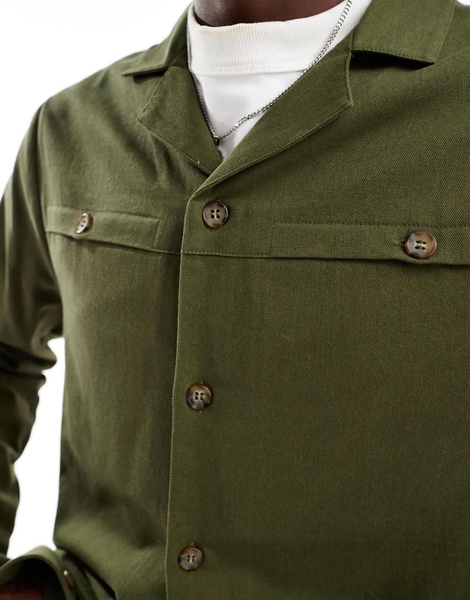 Another Influence camp collar utility shirt in olive