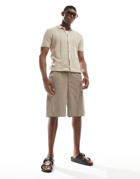 Brave Soul knit button through polo shirt in beige